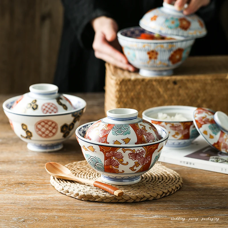 Olla de estofado de cerámica de estilo japonés con tapa, cuenco de arroz de pies altos para el hogar, cuenco de Nido de Pájaro, cuenco de huevo al vapor