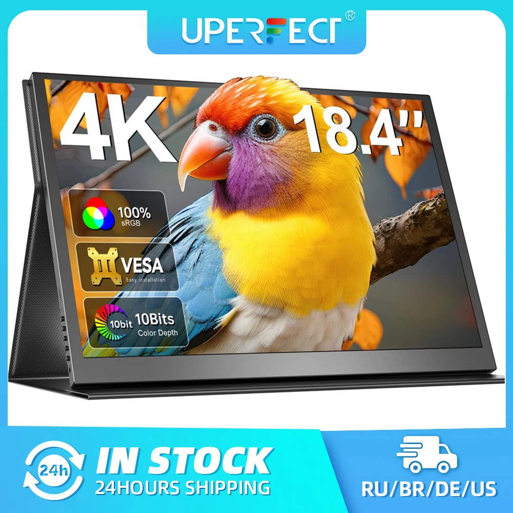 شاشة UPERFECT 4K المحمولة مقاس 18.4 بوصة بدقة 3840 × 2160 UHD USB-C HDMI FreeSync HDR شاشة كمبيوتر خارجية شاشة ثانية للسفر مع غطاء مكبرات صوت VESA