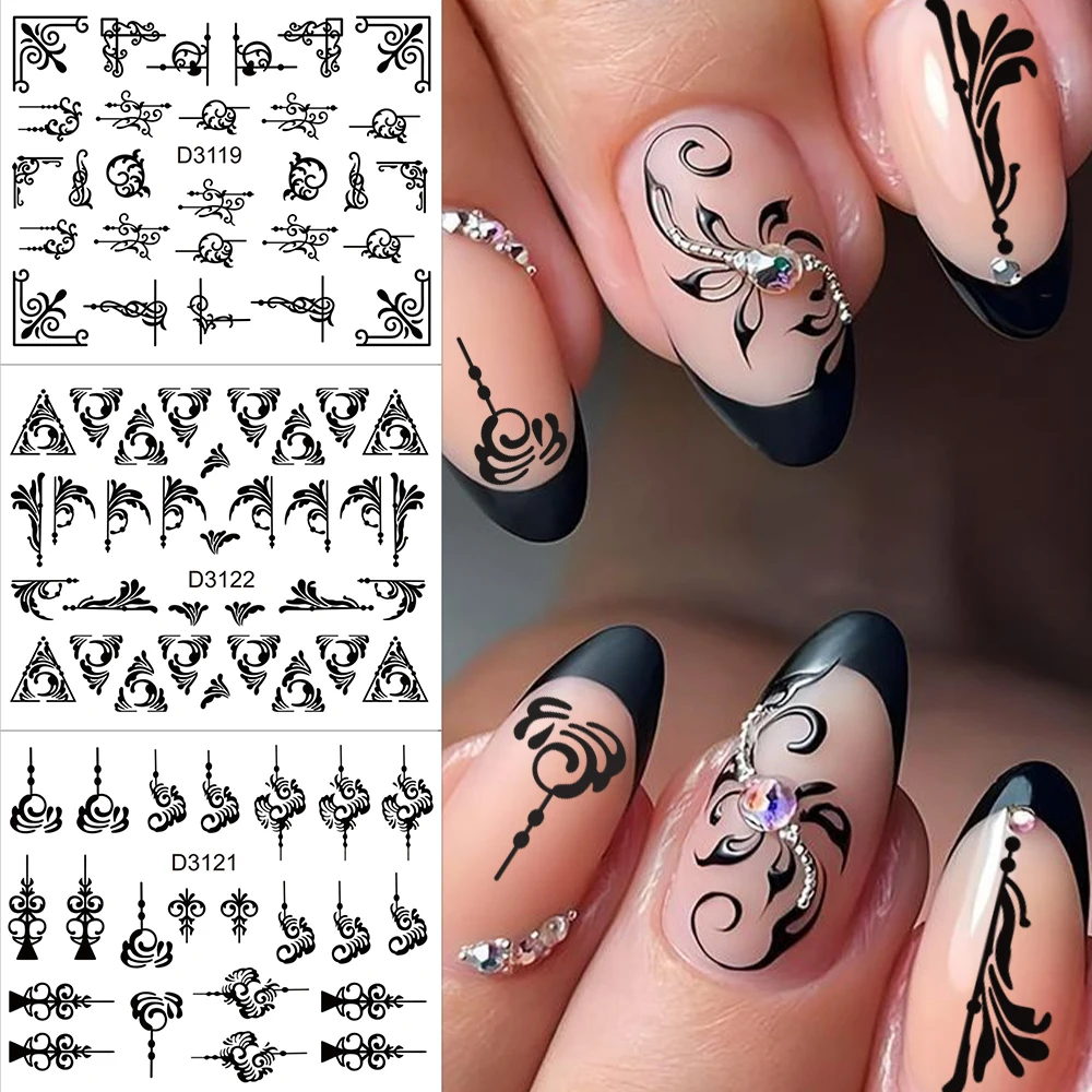30Pcs/set Black Lace Retro Flower Nail Art Stickers 3D Vine Leaf Floral Nail Decals Self Adhesive Black Flowers Nail Decoration