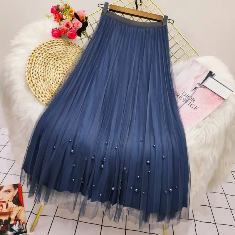 

2024 Both Sides Wear Pearls Mesh Skirt Women Velvet High Waist Long Skirts Woman Solid Color A Line Pleated Skirts Fairy Elegant