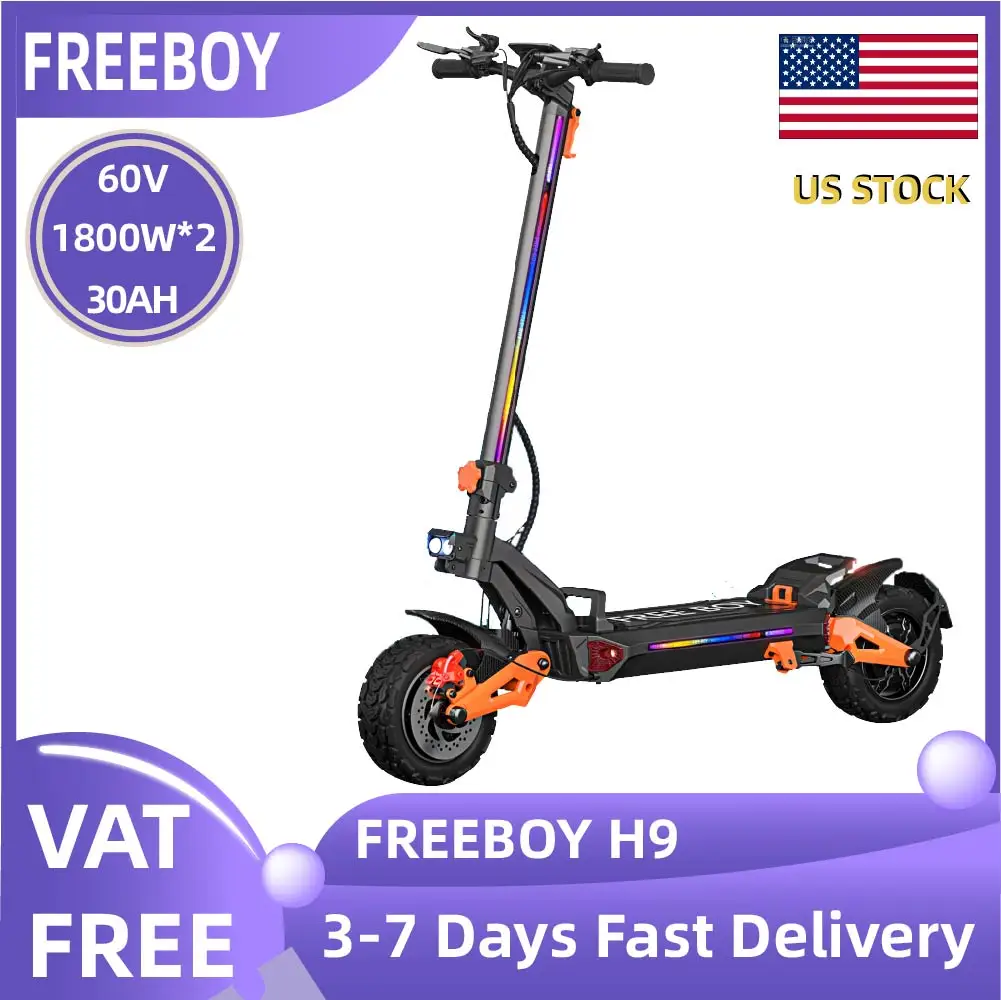 

Электросамокат FREEBOY H9 для взрослых, с толстыми шинами 11 дюймов, электроскутер для горных дорог, два двигателя 1800 Вт, складной, 60В 30Ач