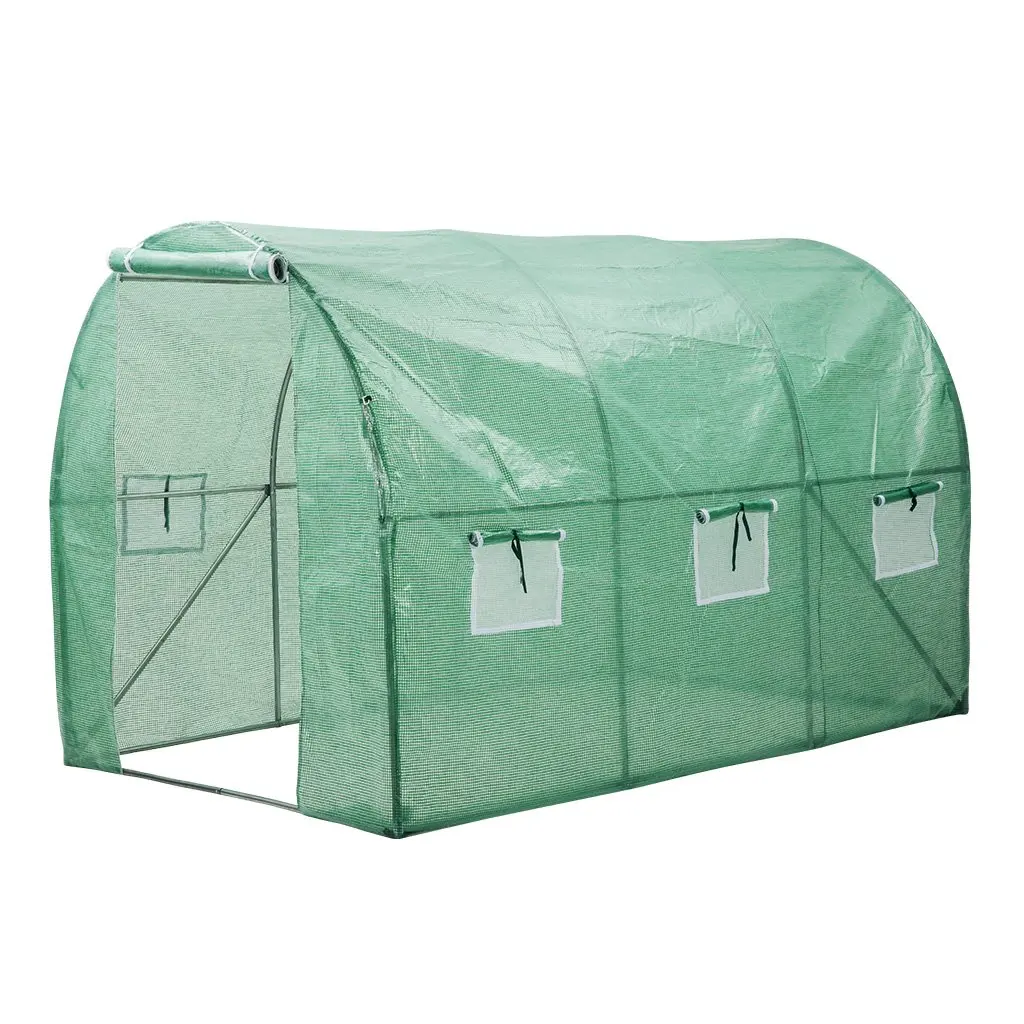 3x2m Tunnel Greenhouse 140g UV protective green PE cover with zipper door and screen windows for ventilation