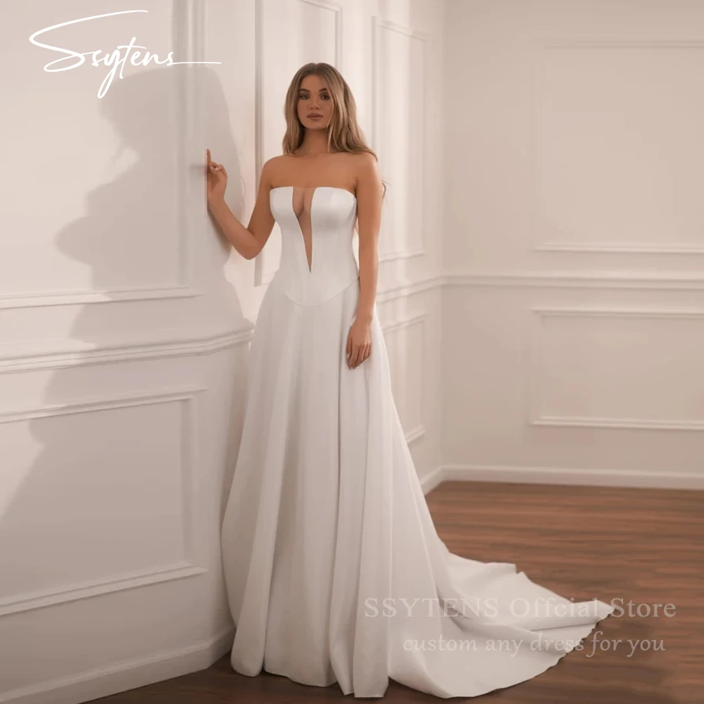 

SSYTENS Elegant Strapless Wedding Dresses for Women Satin Beach Bridal Gown Sweetheart Customized Long White Civil Bride Dresses