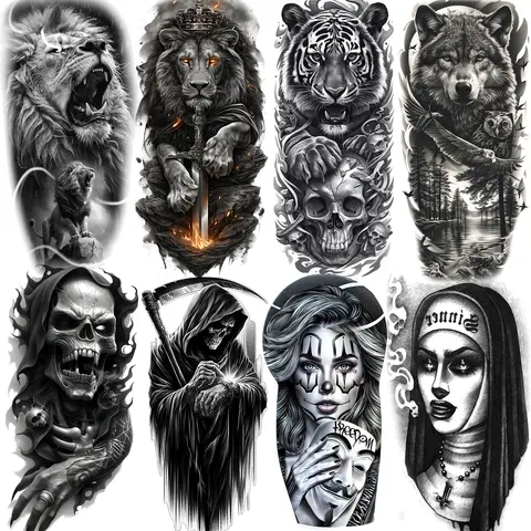 1 Sheet Waterproof Roaring Lion Tiger Skull Temporary Tattoos Realistic Evil Women Nun Pattern Tatoos Fake Tattoo Sticker Adults