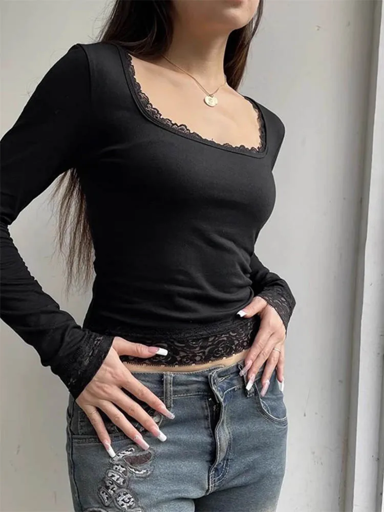 2000s Graphic T Shirt Vintage Fairy Grunge Women Autumn Lace Trim Long Sleeve Slim Fits Tops y2k Clothes Basic Harajuku Tees