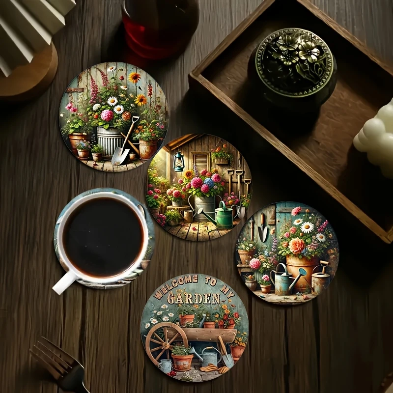 Juego de 6 posavasos redondos de madera 2D jardín tema floral resistente al calor antideslizante multifuncional decoración del hogar y regalo