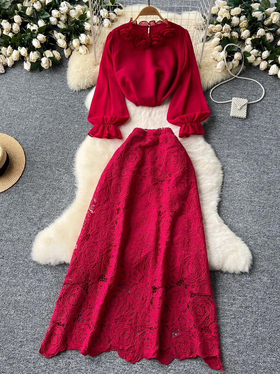 

Autumn Vintage Women Two Piece Set Elegant 3D Flower Long Sleeve Blouse + High Waist Lace Midi Skirt Suit 2Pcs New Fashion 2024