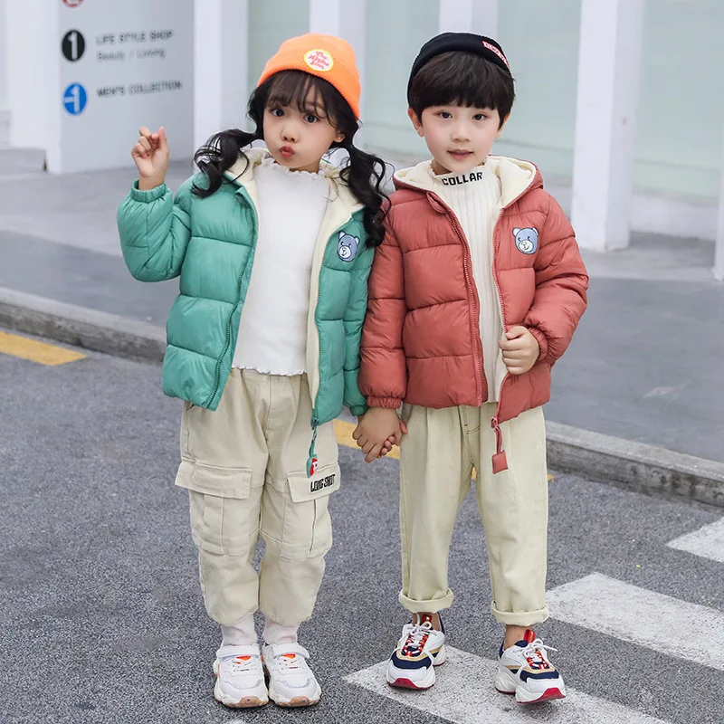 

2024 new children's down jacket with fleece thickened cartoon boy baby hooded coat girls wear winter clothing 1-7 years old