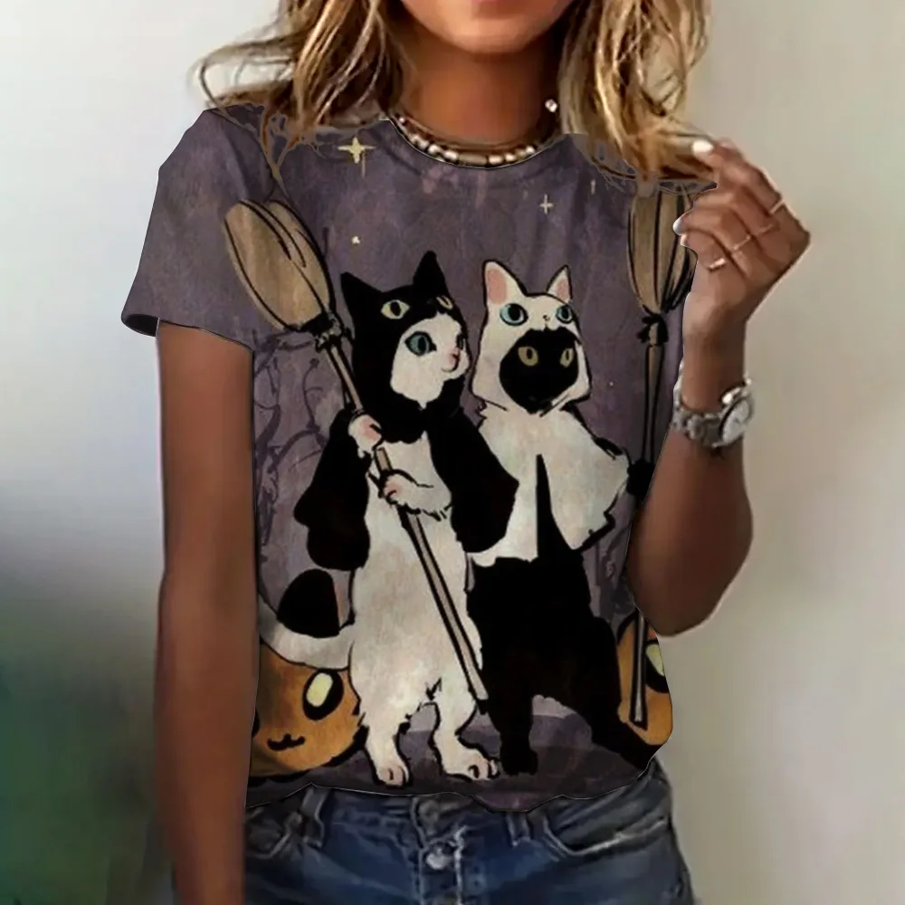 

Women's Clothing T-shirt Fashion Round Neck Short Sleeve Cat Funny Pattern Top Summer Relaxed Breathable T-shirt Casual Clothing