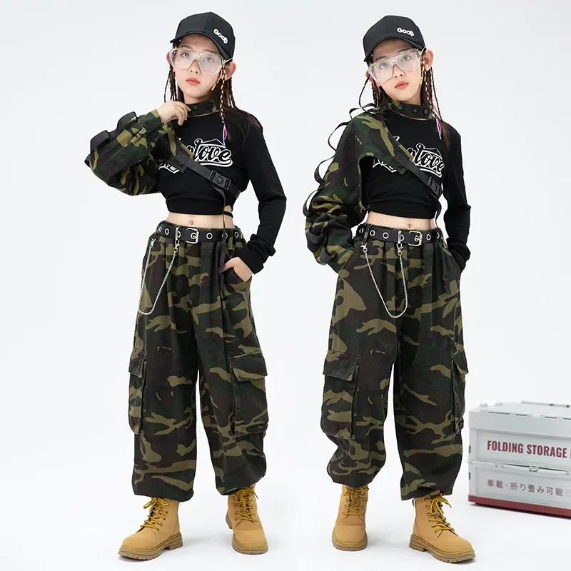 Girls Hip Hop Crop Top Camouflage Cargo Pants Clothes Sets Child Military Streetwear Street Dance Joggers Kids Jazz Cool Costume