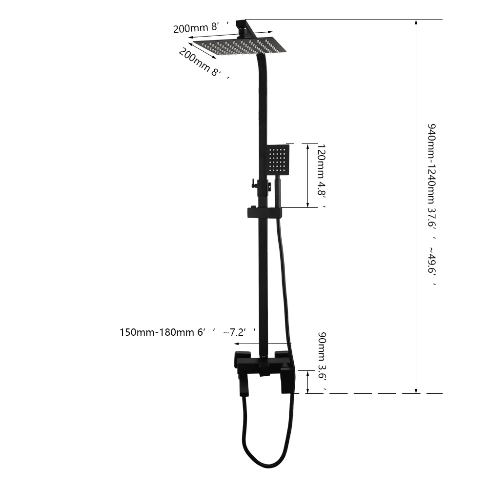 SINLAKU Matte Black Wall Mounted Bathroom Shower Set 8 Inch Rainfall Square Top Spray 3 Ways Water Outlets Mixer Faucet Taps