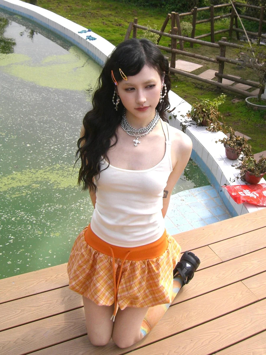 ReddaChic Tartan Plaid Skirt Top Set Y2k Star Racerback Knit Cami Drawstring Bud Liner Mini Skirt Casual Summer Women Clothes