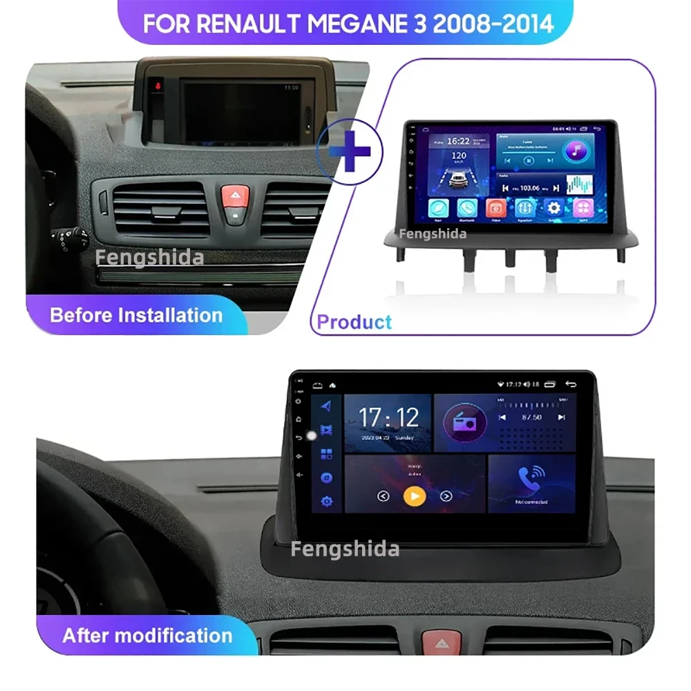 Carro Androide 13 Carplay, Androide 13, Renault Megane 3 Fluence, Samsung SM3 2008-2014, Nenhum 2Din, DVD, Núcleo 8, Bluetooth