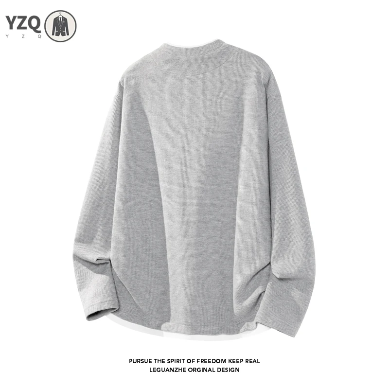Oversized Fake Two Piece Long Sleeve Top For Males Notch Neck Waffle Knit Texture Trendy Street Casual Apparel image 3