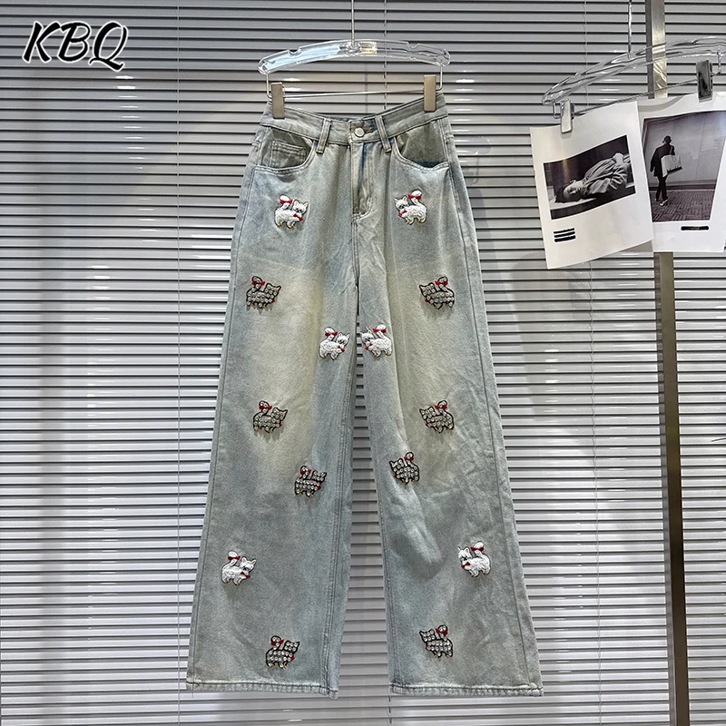 KBQ Solide Gespleißt Gestickte Kätzchen Lose Hosen für Frauen Hohe Taille Patchwork Dimonds Chic Casual Jean Weibliche Mode Stil