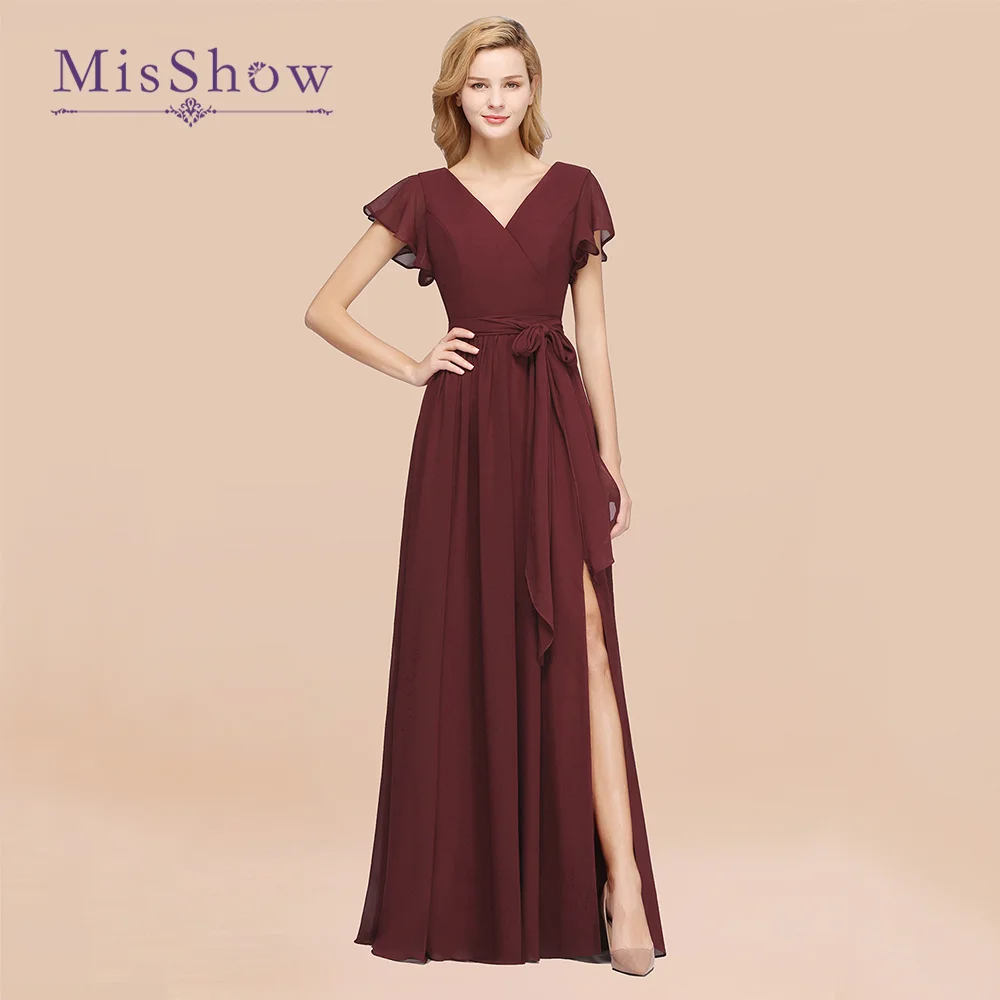 

Burgundy V Neck Long Bridesmaid Dresses With Short-Sleeves Elegant Split Women Wedding Party Prom Gowns Madrinha De Casamento