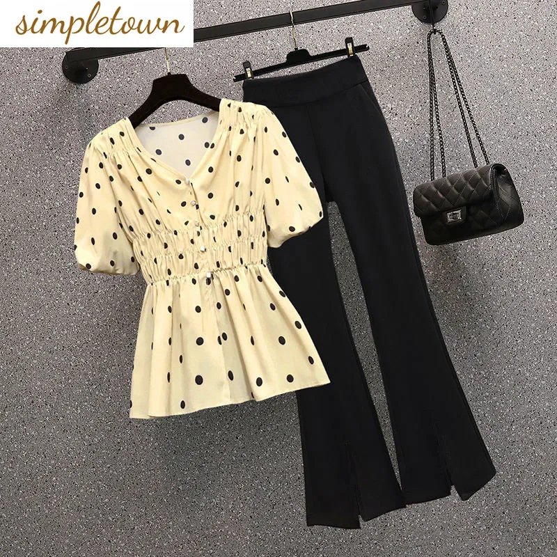 Dot Print V-neck Pleated Shirt Top Wide Leg Pants Two-piece Elegant Women\'s Pants Set Summer Outfits Tracksuit Clothing