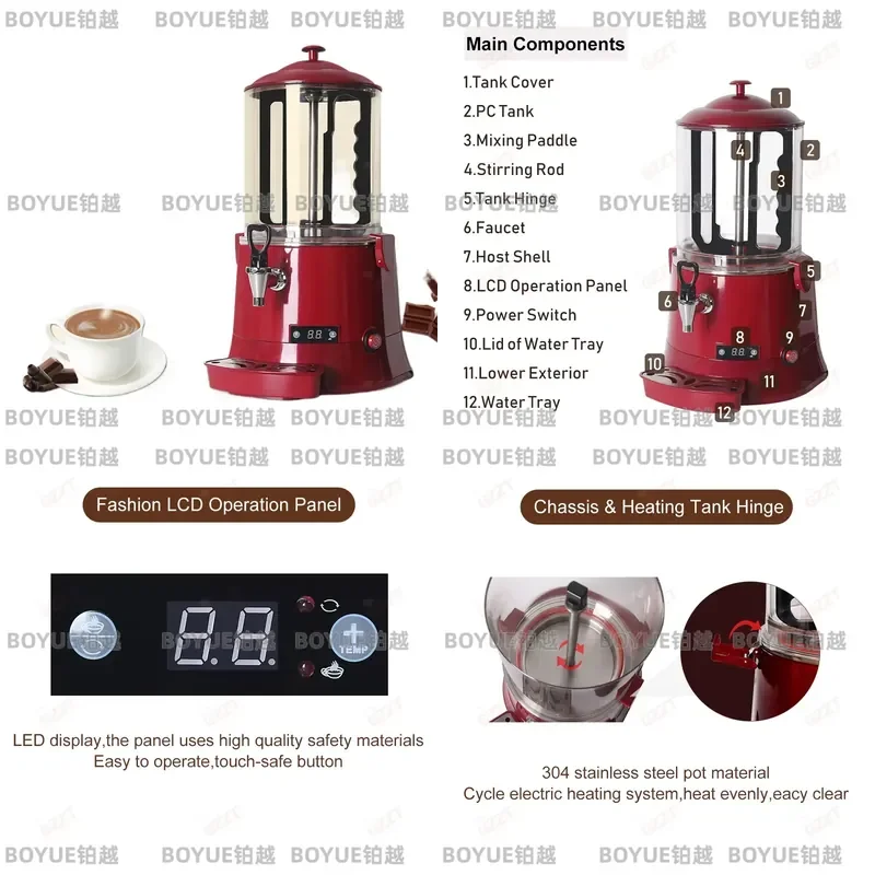 10L Hot Chocolate Dispenser Machine for Milk Coffee Beverages Automatic Heating Drink Warmer Commercial Kitchen Equipment