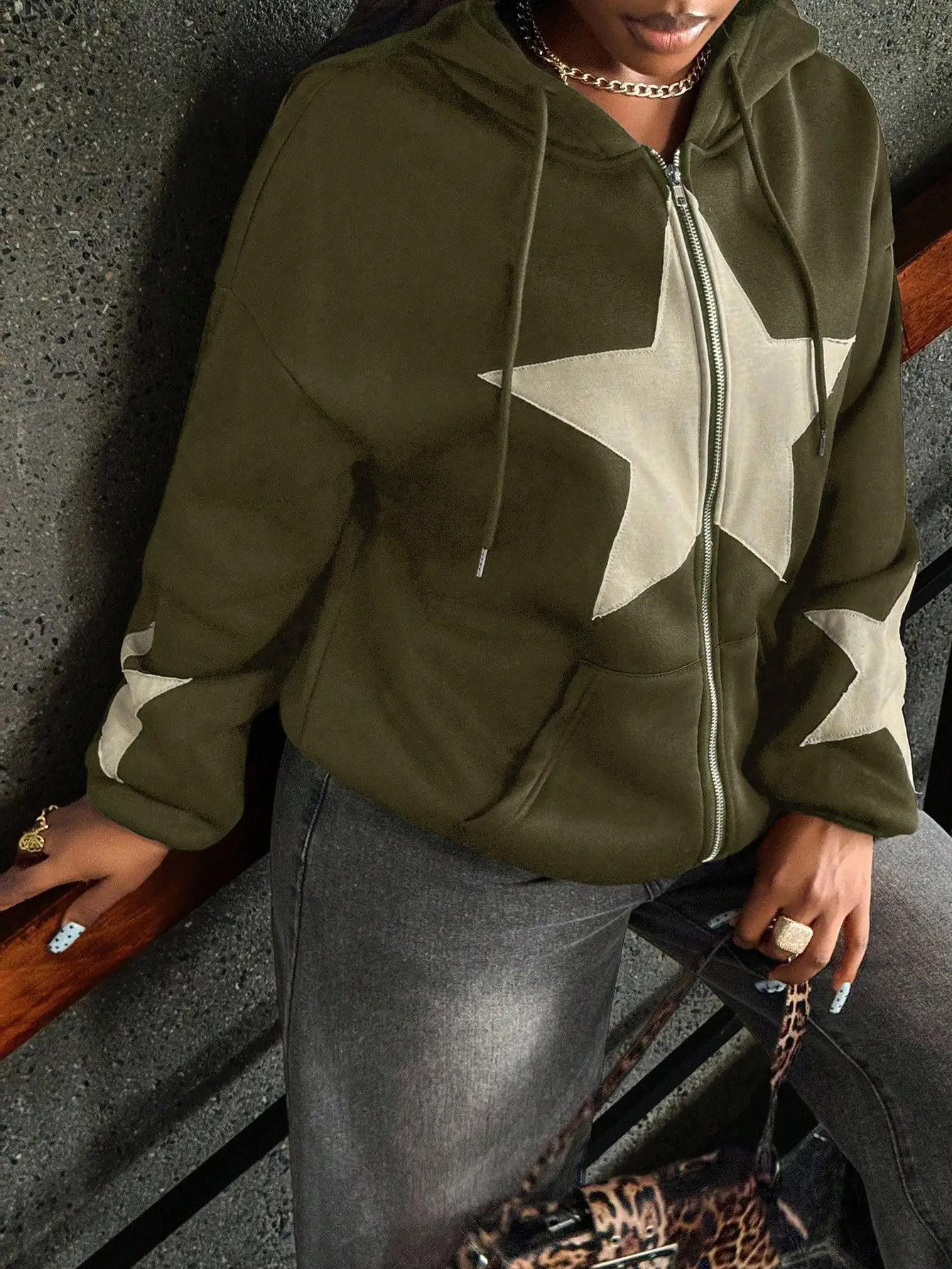 

Women's Olive Star Patchwork Drop Shoulder Zip-Up Hoodie, Loose Fit for Spring Autumn Casual Wear