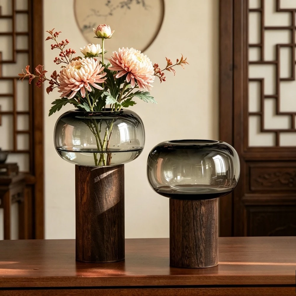 Modern Minimalist Glass Vase Natural Wind Creative Wooden Flower Arrangement Container  Home Living Room Tabletop Ornament