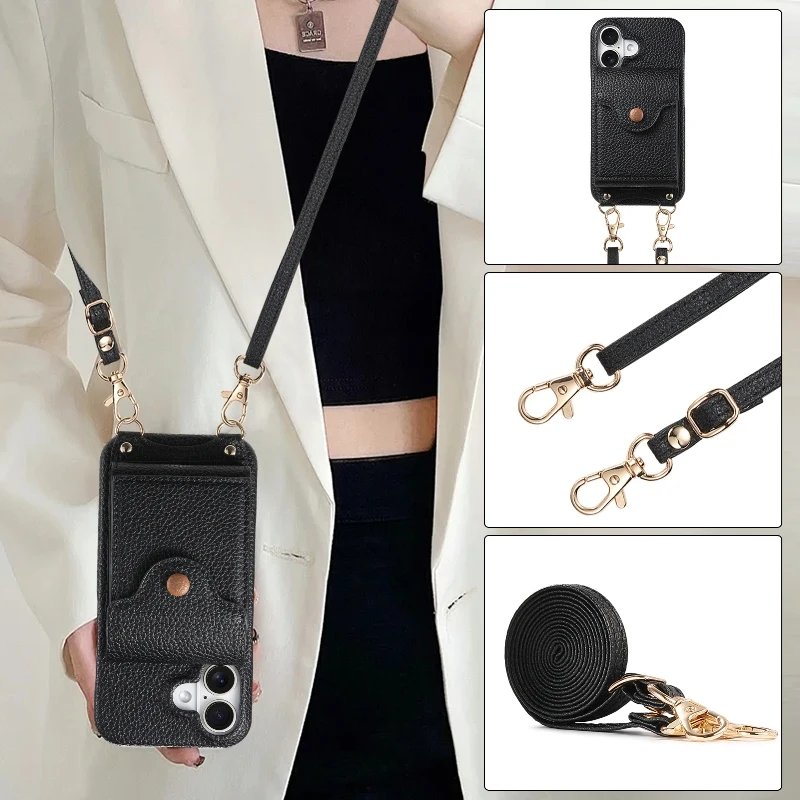 Vertical Flip Card Wallet Case For iPhone 16 15 Pro Max 14 Plus 13 Mini 12 11 SE XR Xs Max 6 7 8 With Mirror and Shoulder Strap