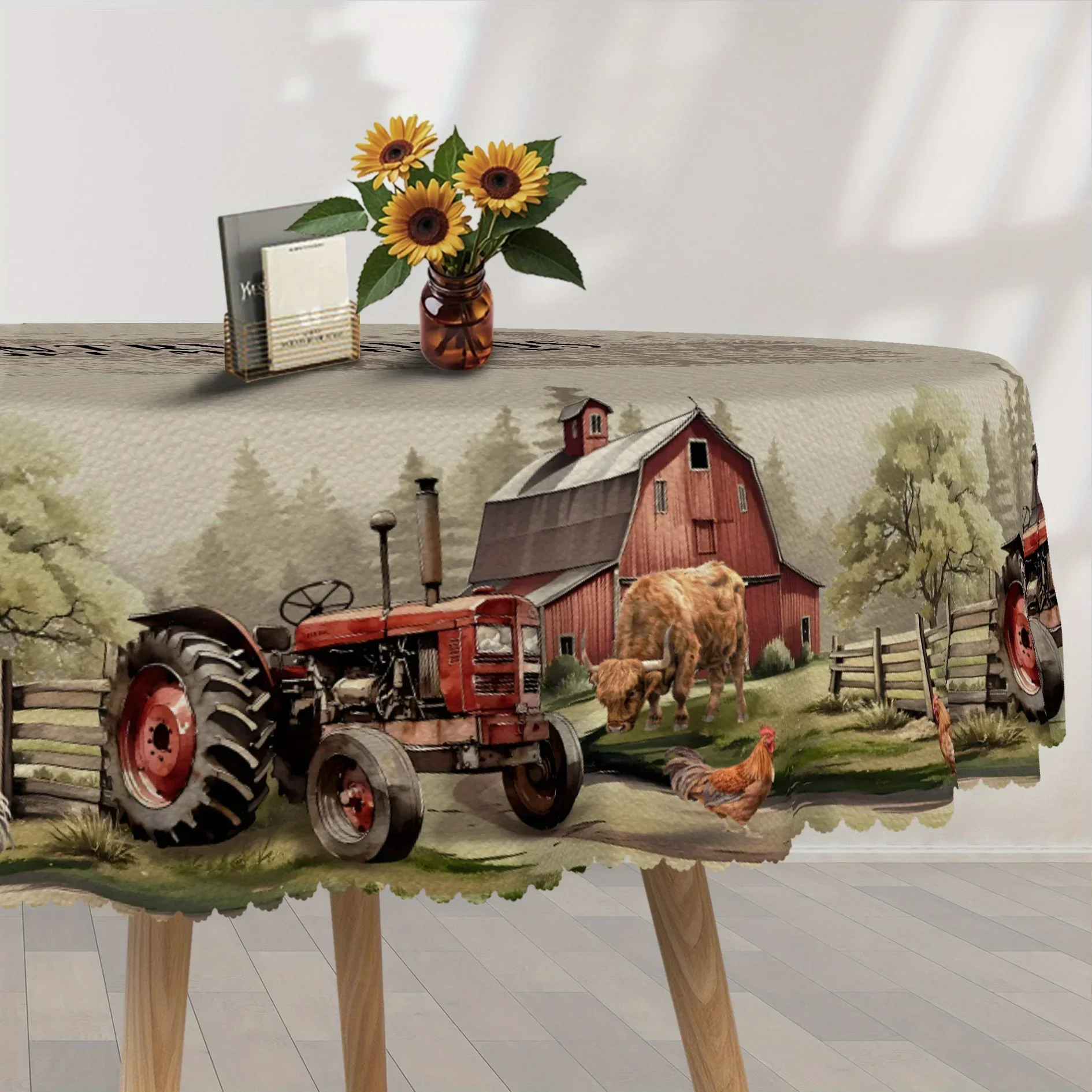 1 piece, farmhouse-style tablecloth, featuring patterns of old farmhouses, roosters and tractors, with a rural  design, yzb