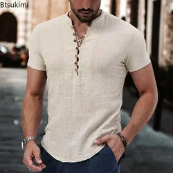 2026 Men's Summer Casual Cotton Linen Shirt Retro Collar Button Short Sleeve Beach Tops Office Vacation Solid Color Shirt Male