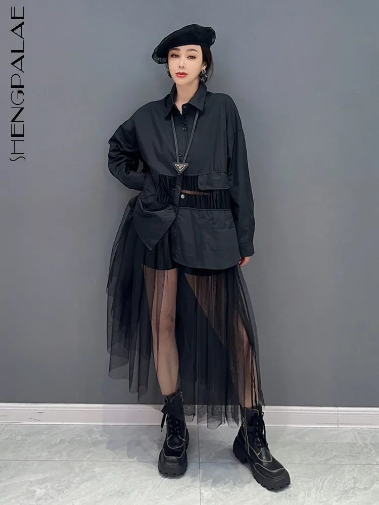 SHENGPALAE Fashion Mesh Spliced Shirt Dress For Women Elegant Chic Loose Full Sleeve Vestido Robe 2024 Autumn Y2k Clothes 5R1424