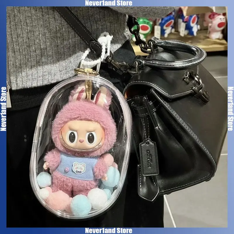 Casing pelindung transparan Labubu I II, kotak tampilan portabel Mini boneka mewah tahan debu 15cm 17cm aksesoris boneka tas