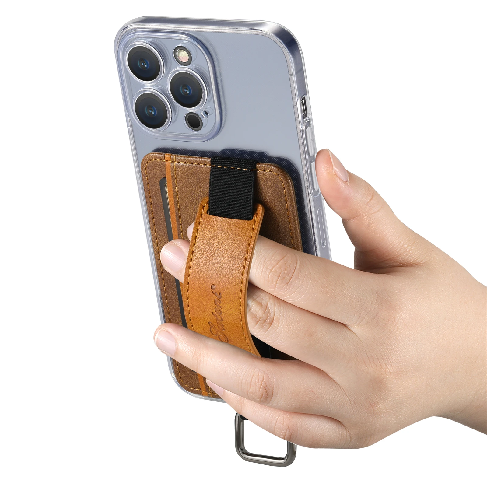 Leather Card Pocket Phone Stand for iPhone 16 15 14 13 Pro Max 3M Adhesive Ring Holder Phone Kickstand for Samsung Pixel ID Bag