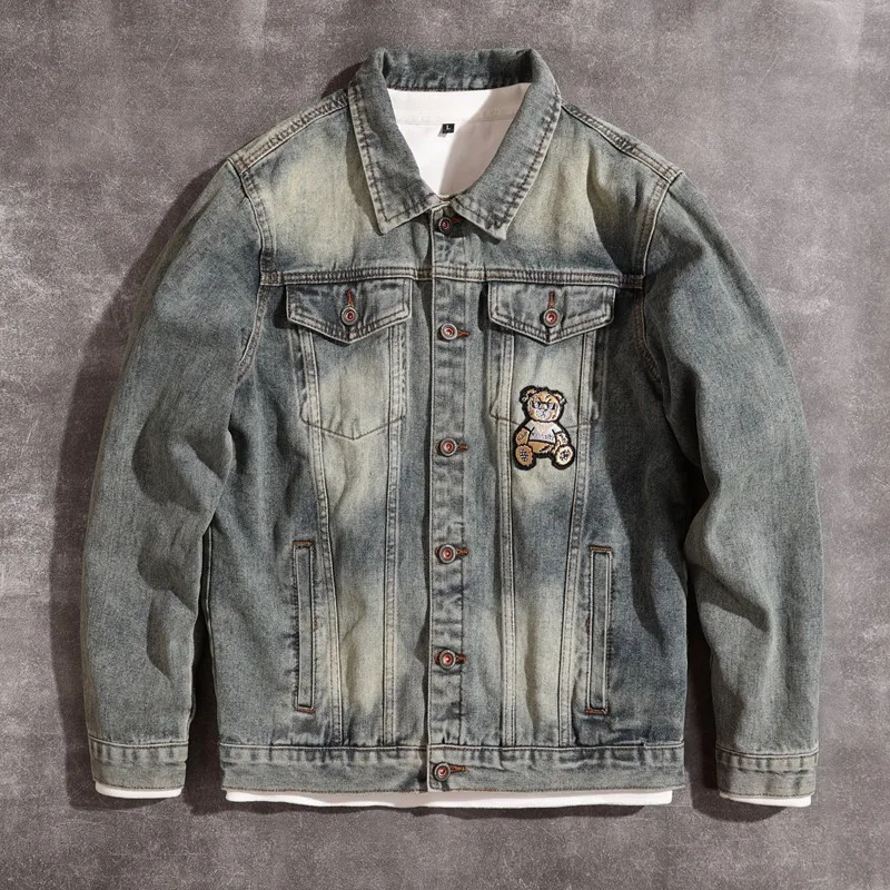 

Bear Embroidery Machine Car Style Fashion Korean Style Men's Denim Jacket Retro Street Washed Do the Old Cowboy Coat Men's Top