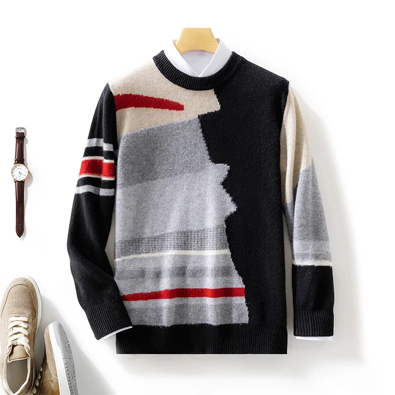 

100% Merino Wool O-Neck Color-Blocking Knitted Design Sense Sweater Pullover Cashmere Long Sleeves Soft Casual Clothing Top