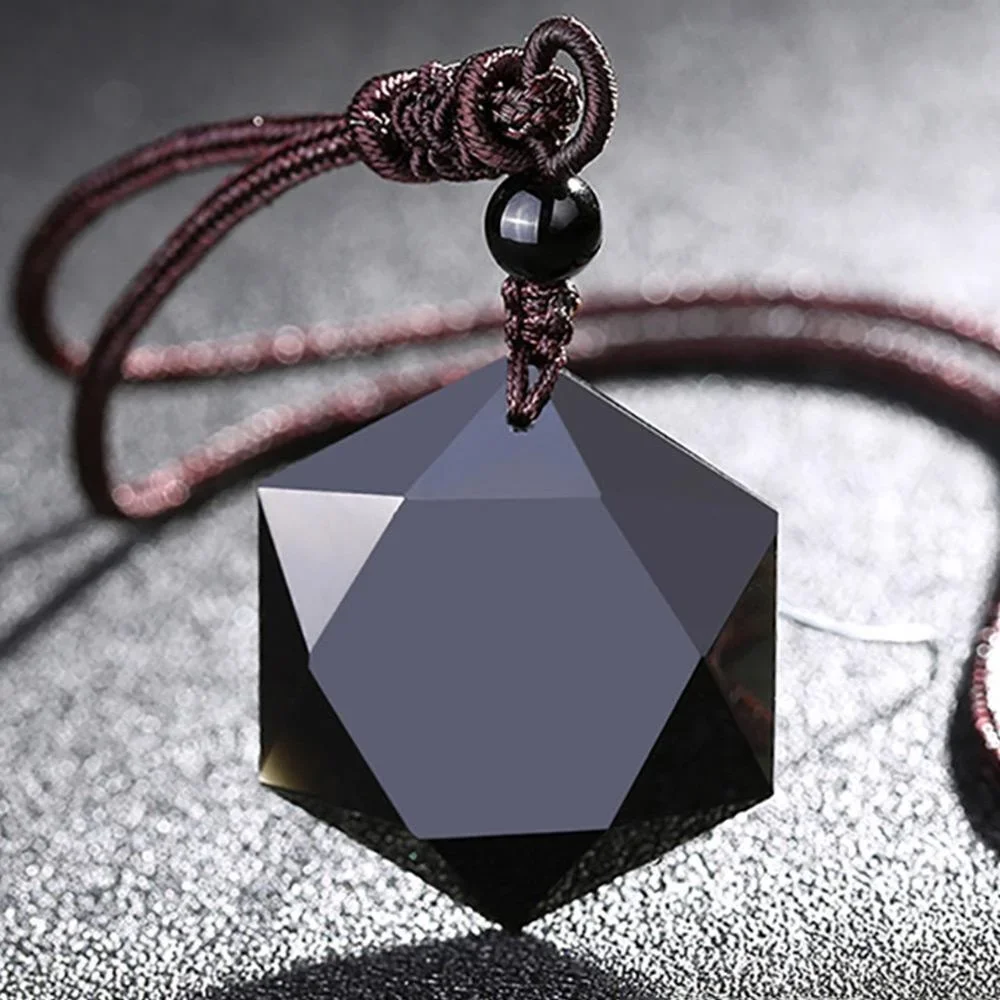 KISMIS 1PC Black Obsidian hexagon natural stone pendant necklace, suitable for both men and women