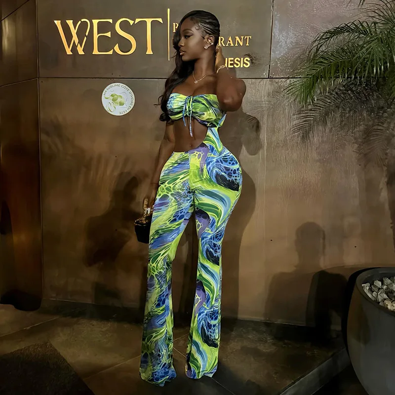 

Women Sexy Printed Camiasole Skinny Flare Jumpsuits Hollow Out Drawstring Strapless Backless Peach Hip Slim Clubwear Overalls