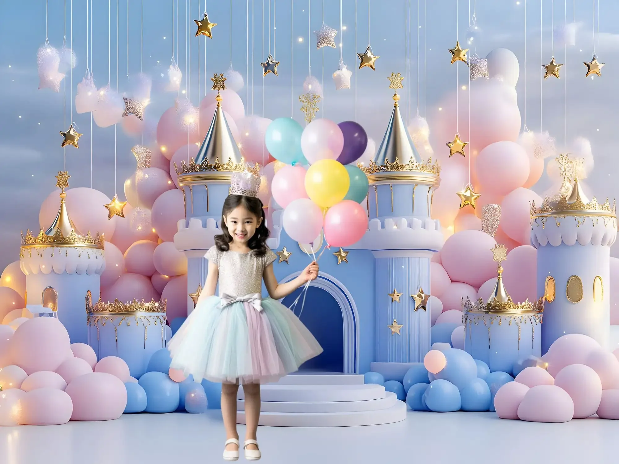 Mehofond fotografia tło marzycielskie niebieskie balony zamek dzieci urodziny ciasto Smash portret wystrój tło Photo Studio