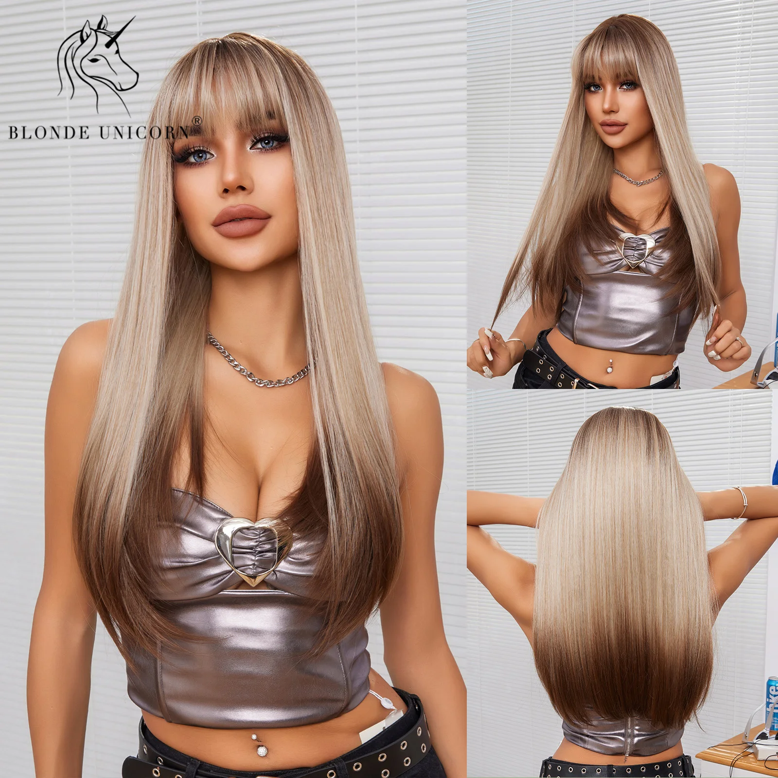 

Blonde Unicorn Synthetic Blonde Wigs Long Straight Wig With Bangs for Black White Women High Temperature Fibre Hair Daily Use