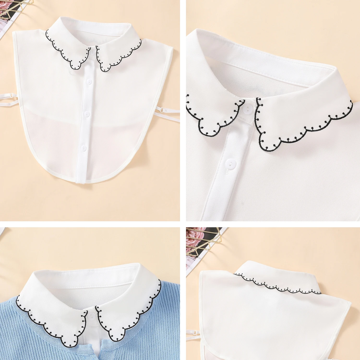قطعة واحدة من الياقة المزيفة المزخرفة للنساء، ياقة وهمية متعددة الاستخدامات، ياقة قميص رائعة، طبقة أساسية مع تطريز، سوي