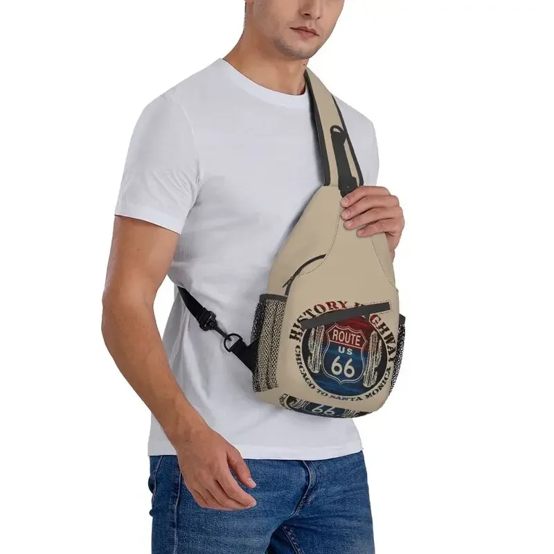 Fashion Route 66 America Road Vintage Trip Sling Crossbody Backpack Men Shoulder Chest Bag for Camping Biking