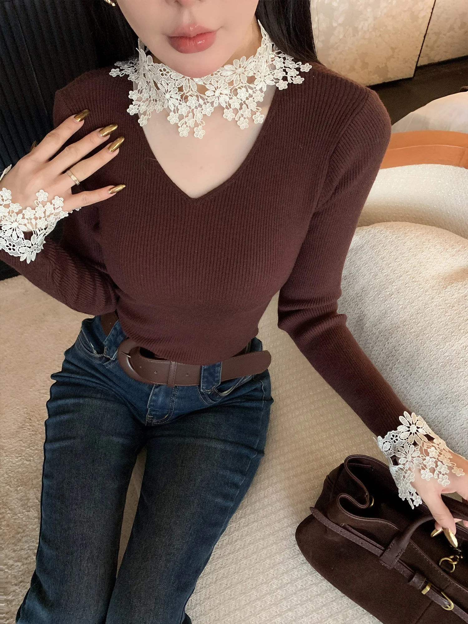 

Женская трикотажная кофта LADIES FIRST с кружевными вставками, новая универсальная облегающая базовая кофта, повседневный топ из полиэфирного волокна