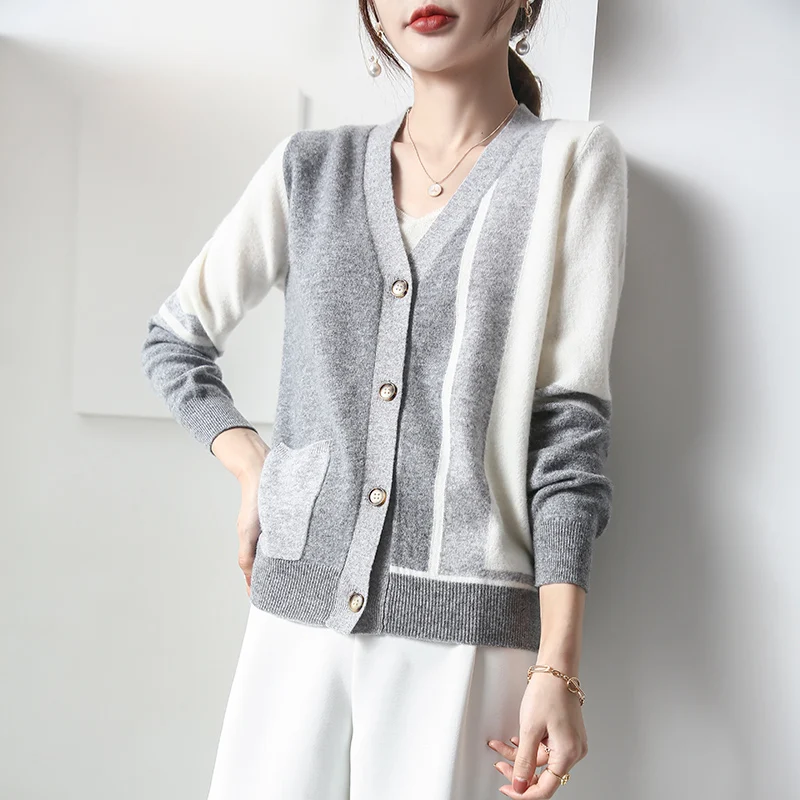 

100% Wool Knit Cardigan Women's Long Sleeve Jacket 2023 Spring and Autumn Basic V-Neck Top Chic Colorblock Cashmere Sweater XL