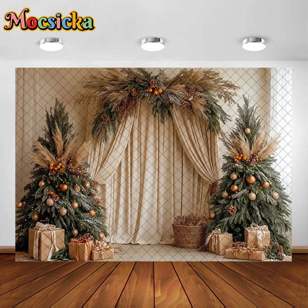 Mocsicka Photography Background Beige Christmas Curtains Decoration Family Xmas Holiday Party Portrait Photo Studio Props