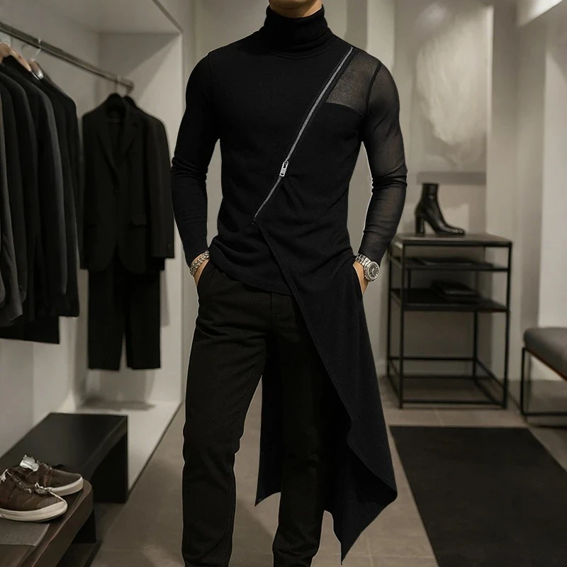 

2026 Perspective Men's Irregular T-shirt Mesh Patch High Collar Long Sleeve Zipper T-shirt Men's Street Wear