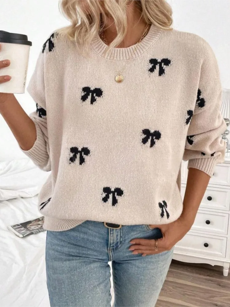 

Winter Clothes Woman Pulls Femmes Bow Jacquard Sweater Women's Pullover Simple Design All-match Loose Simple Style Comfortable