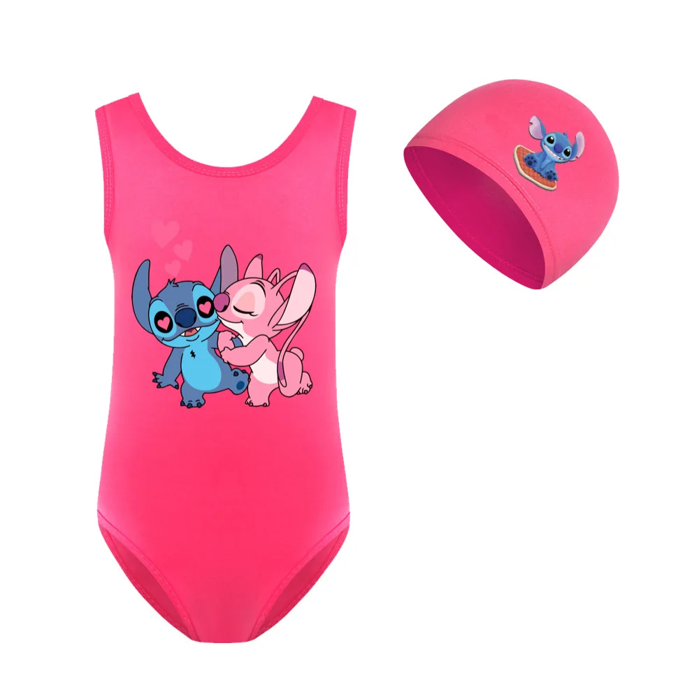 Bambini ragazze costumi da bagno costume da bagno Cartoon Stitch cuffia da nuoto per bambini Set movimento per bambini vestiti per bambini pigiama top 2-14 anni