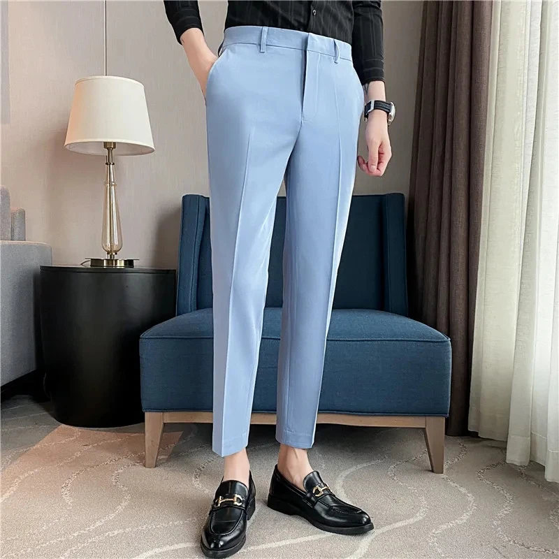 British Style Solid High Waist Trousers Men Formal Trousers High Quality Slim Fit Business Casual Suit Pants Groom Wedding Dress