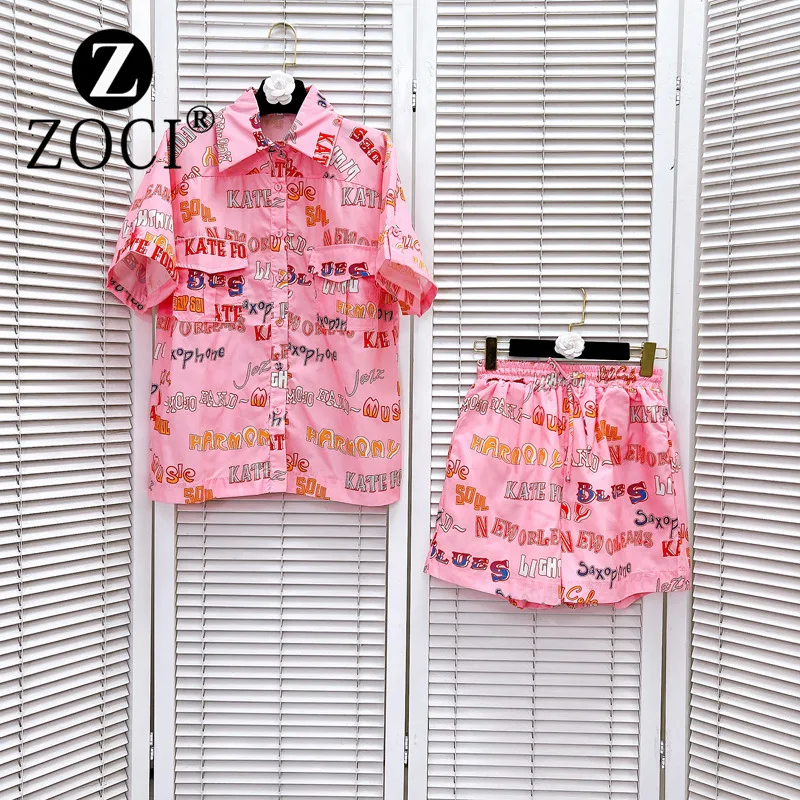 [ZOCI] Comfortable Collar Colorful Printed Shirt Elastic Waist Strap Casual Shorts Set Women