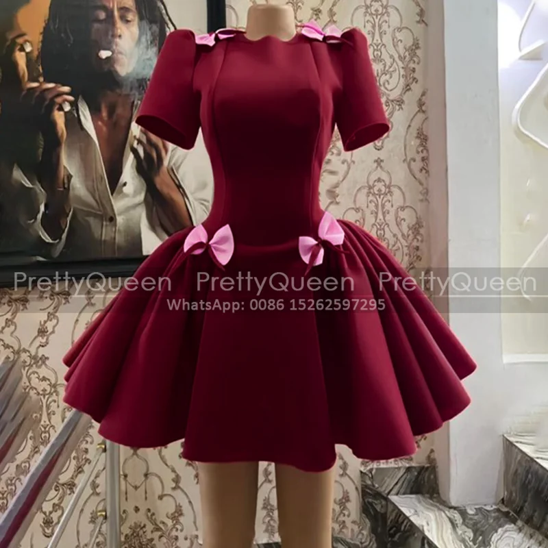 

Burgundy Short Bridesmaid Dresses With Short Sleeves Bows Puffy A Line High Neck Mini Customized Wedding Party Dress