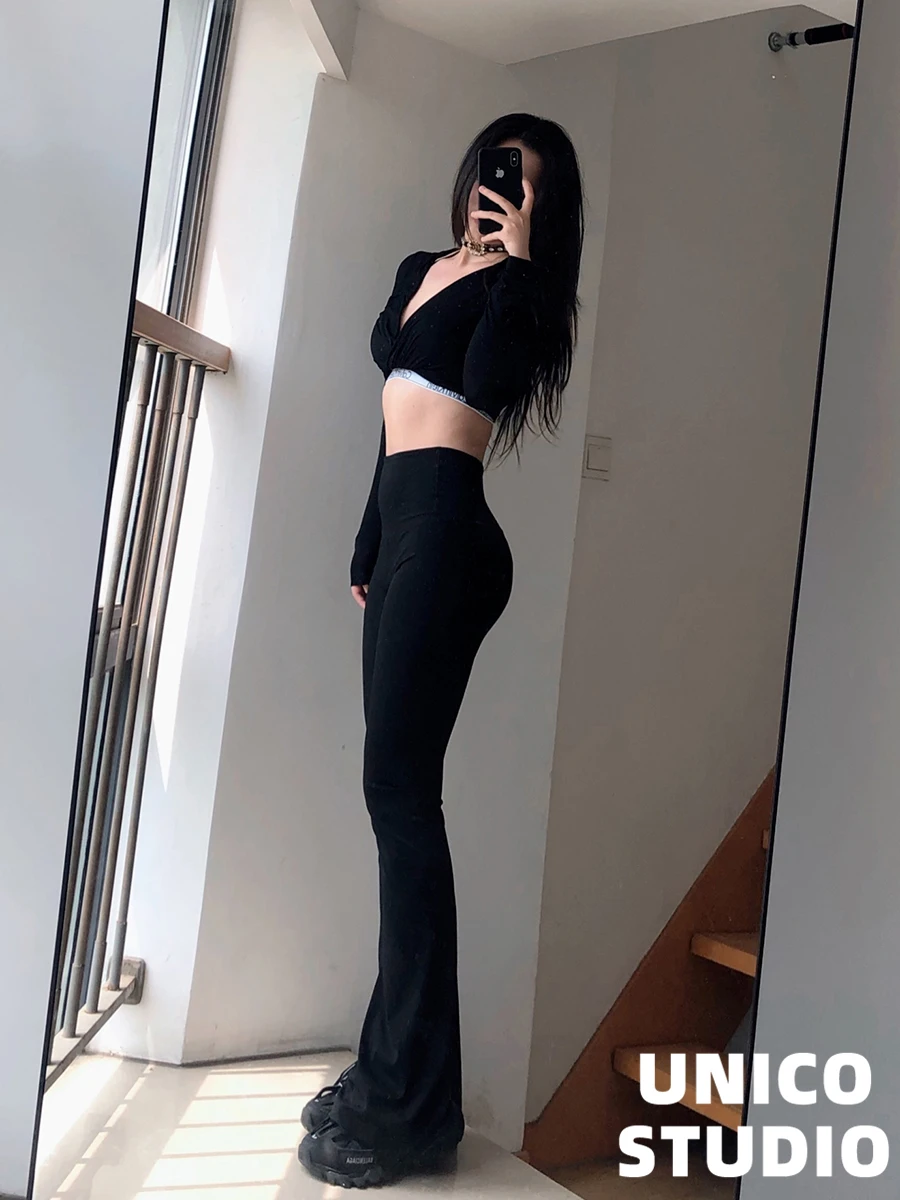 High Waist Yoga Fitness Trousers Long Leggings Supermodel Bell Bottoms Slimming Pants Floor Length Outdoor Wear Base Layer