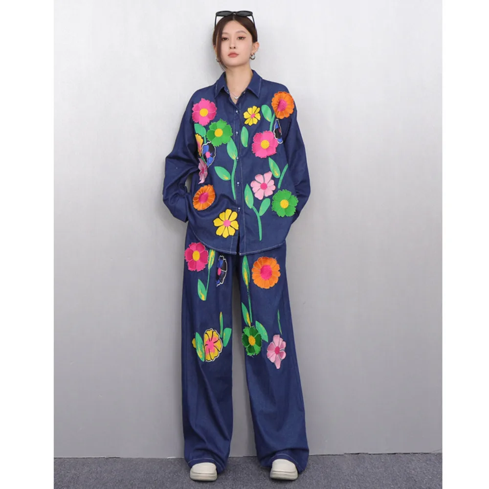 

2025 Summer New Women's Denim Loose Oversize Print Shirt Wide Leg Pants Two-piece Set костюм женский брючные костюмы Pant Suits