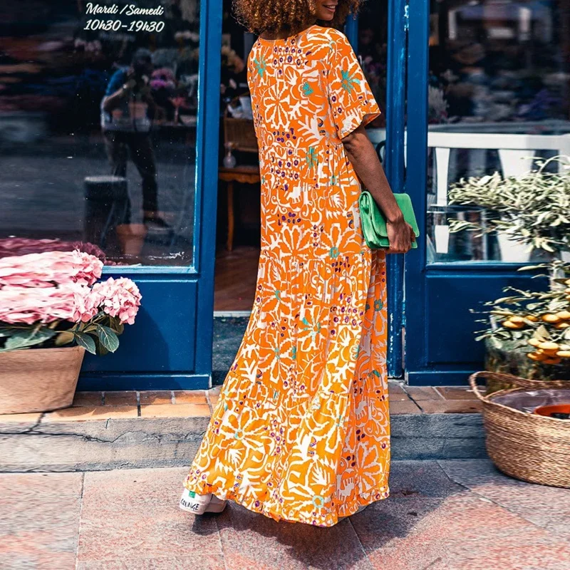 Vestido largo de manga corta con cuello en V para mujer, vestido largo ajustado a la moda, informal, para fiesta y vacaciones en la playa, verano 2023